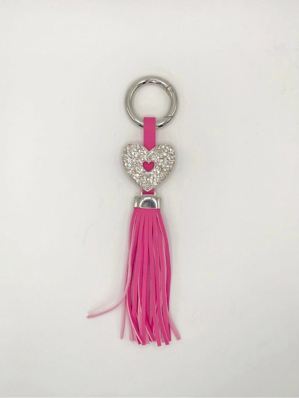 Pink Faux Leather Fringe Silver Bling Heart Purse Charm